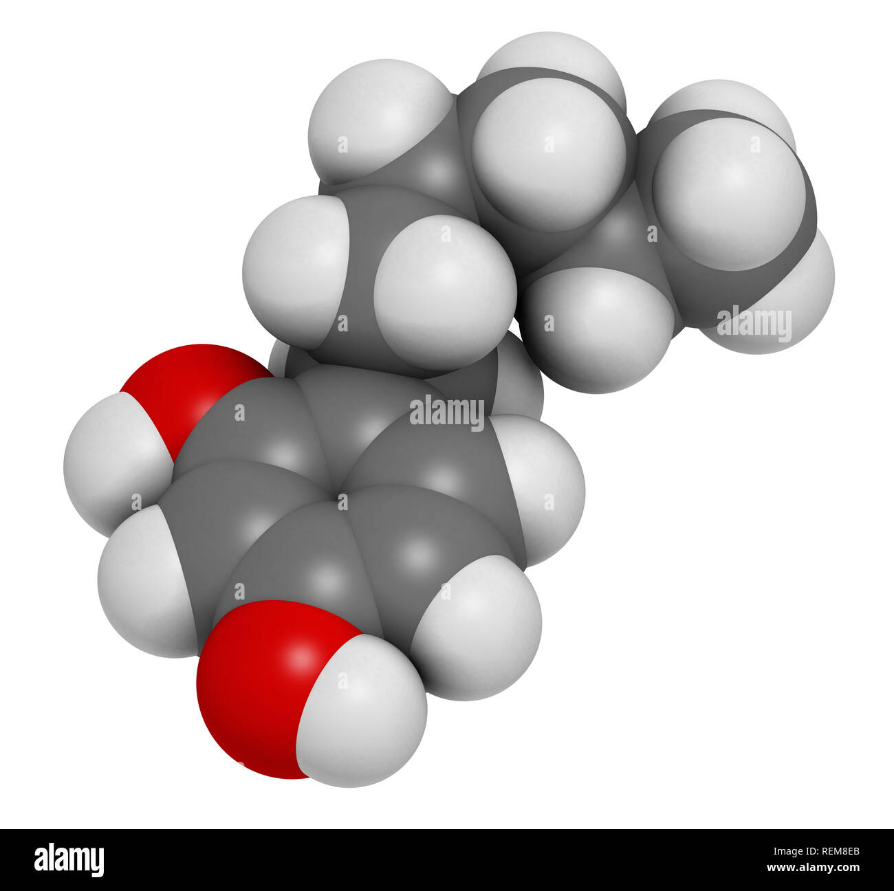 Hexylresorcin Molekül. Hat Betäubungsmittel, antiseptisch und anthelminthikum Eigenschaften. 3D-Rendering. Atome sind als Kugeln mit herkömmlichen Co vertreten Stockfoto