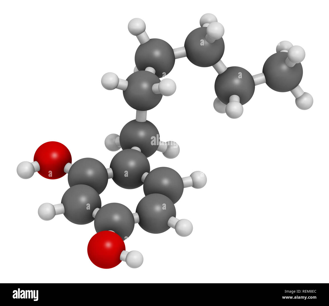 Hexylresorcin Molekül. Hat Betäubungsmittel, antiseptisch und anthelminthikum Eigenschaften. 3D-Rendering. Atome sind als Kugeln mit herkömmlichen Co vertreten Stockfoto