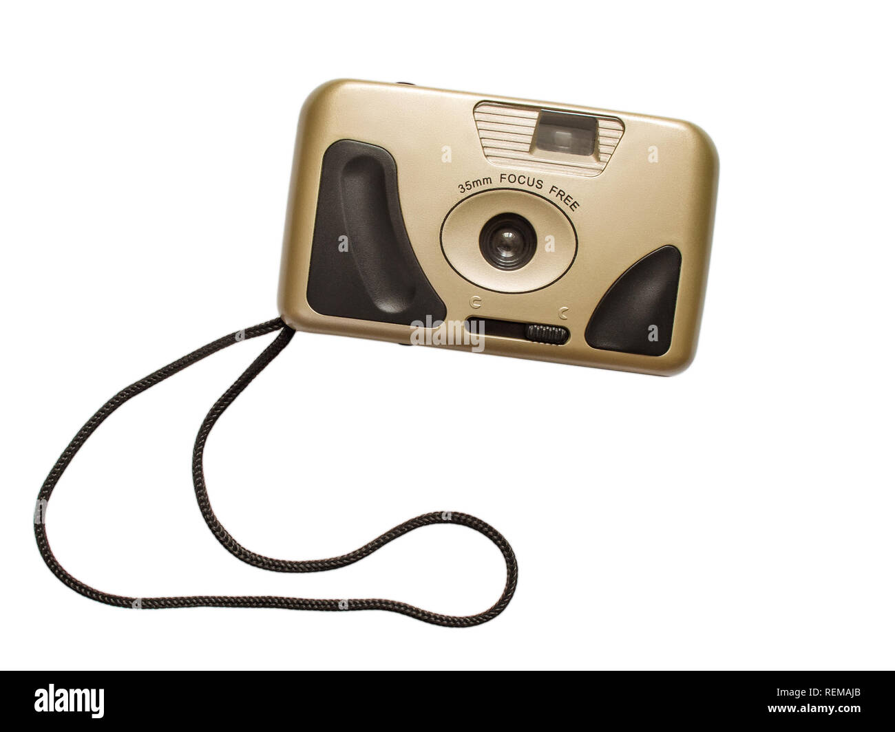 Point-and-shoot 90s Retro Stil Kamera isoliert auf weißem Hintergrund (Vorderansicht) Stockfoto