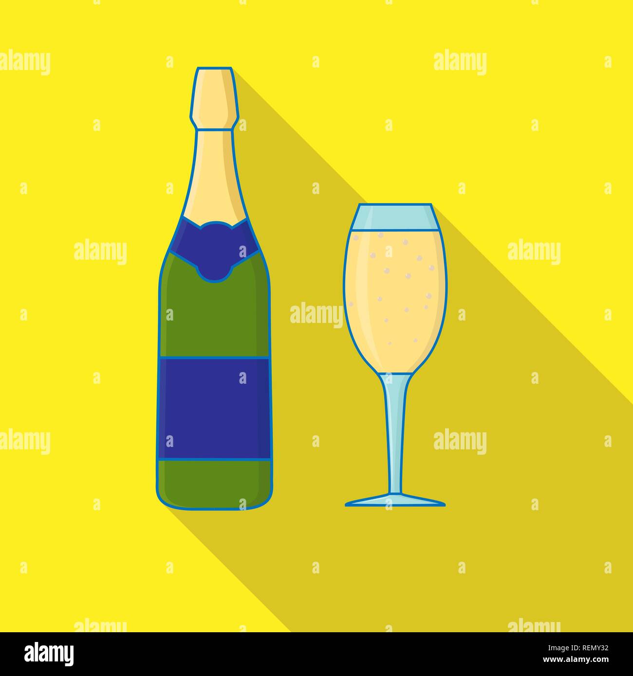 Einfache Farbe flach Abbildung von Flasche und Glas Wein mit Kohlensäure trinken, lange Schatten Stock Vektor