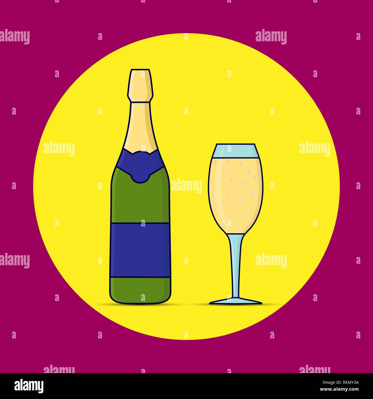 Einfache Farbe flach Abbildung von Flasche und Glas Wein mit kohlensäurehaltigen Getränk Stock Vektor