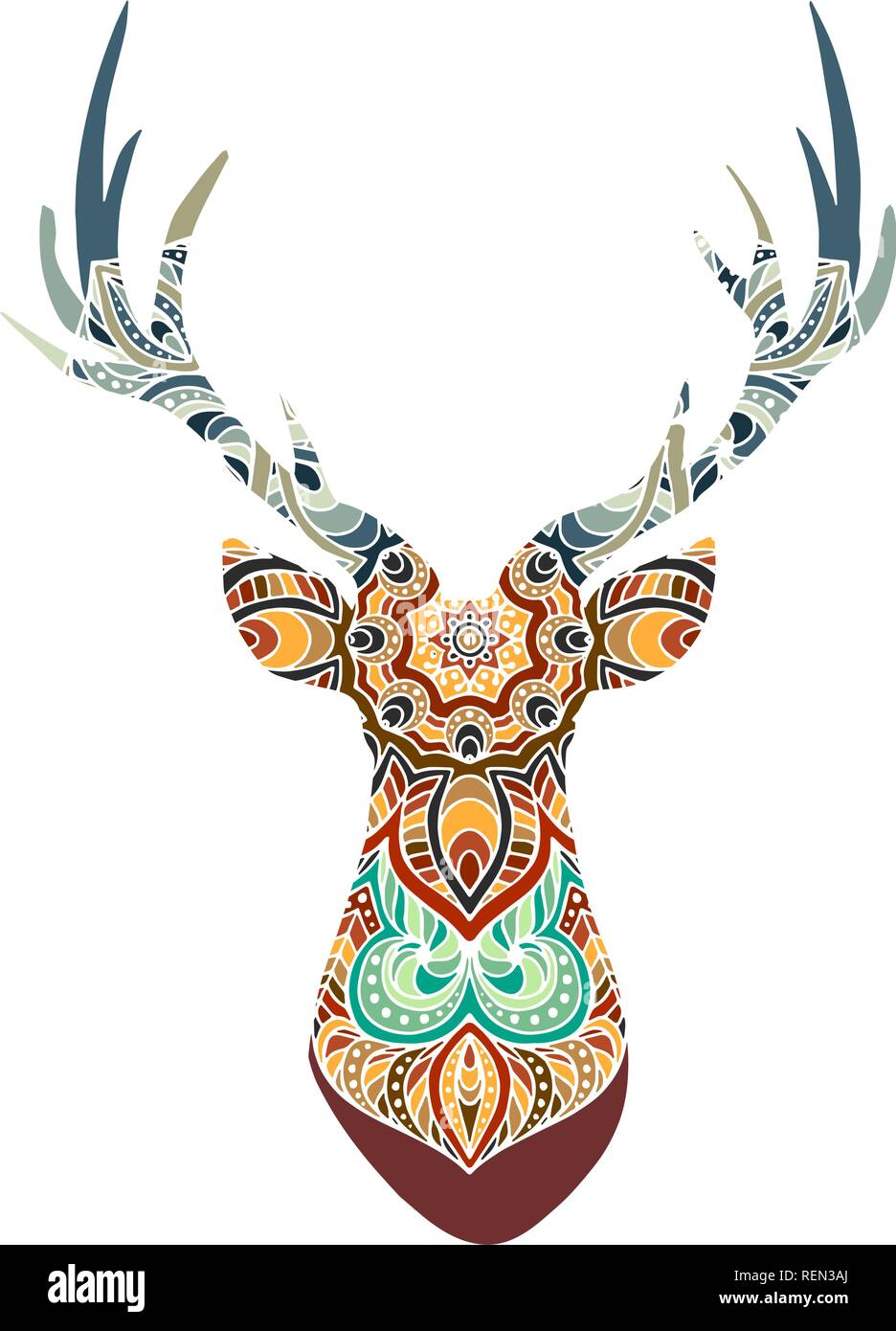 Hand gezeichnet Vektor gehörnten Hirsch mit hohen Details Ornament, Blumen auf weißem Hintergrund Stock Vektor