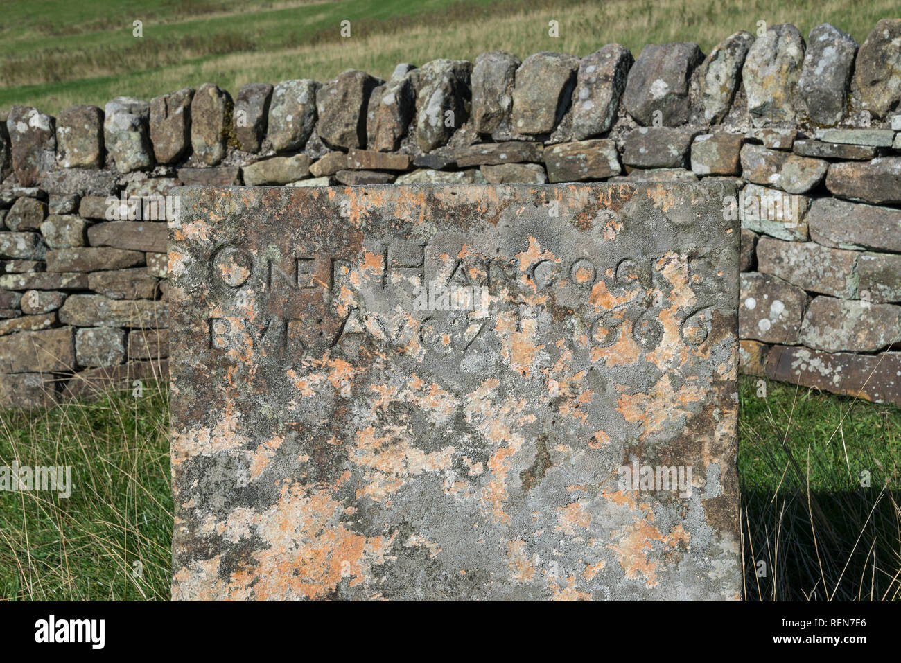 Nahaufnahme von Grabstein in der Riley Gräber in der Nähe von Eyam im Peak District, Derbyshire, England. Opfer des 17. Jahrhunderts Ausbruch der Pest. Stockfoto