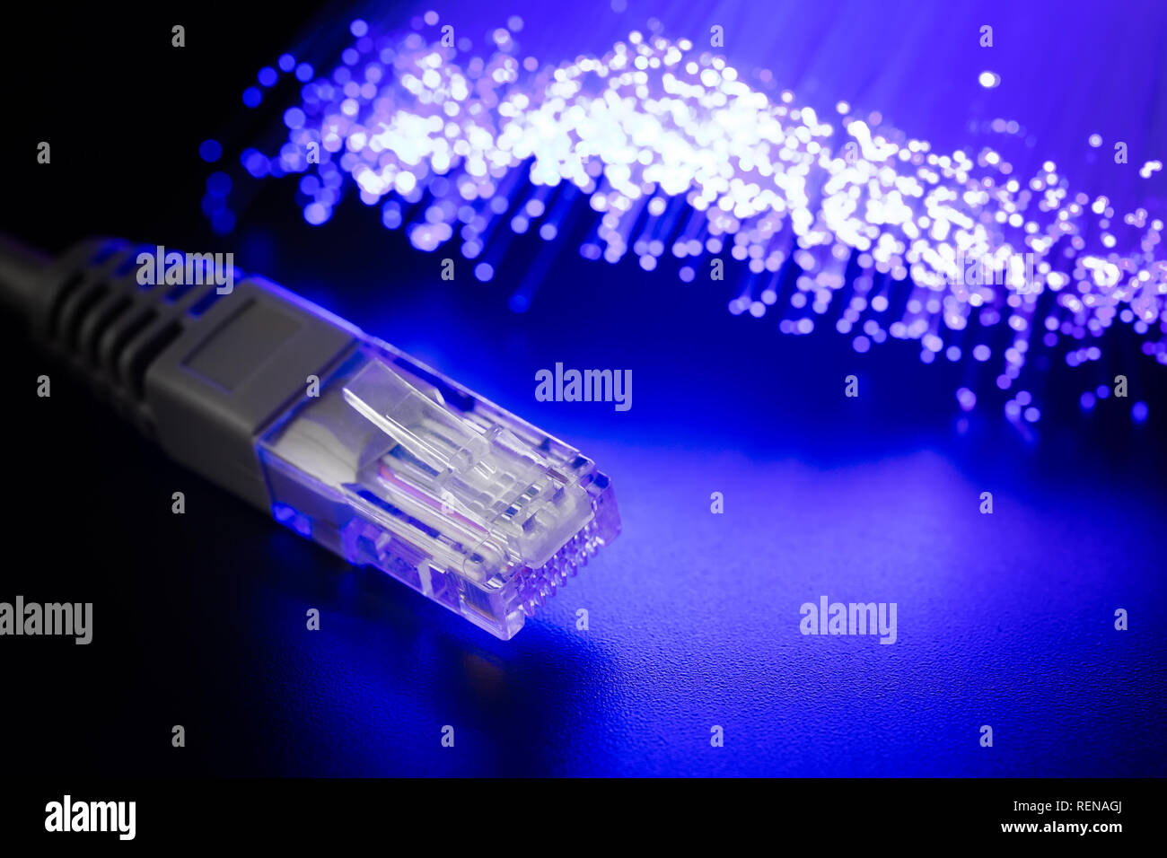 Glühende Fiber Optic Kabel und Stecker RJ-45 auf einem dunklen Hintergrund. Die moderne Kommunikation Abstract hi-tech-Hintergrund. Stockfoto