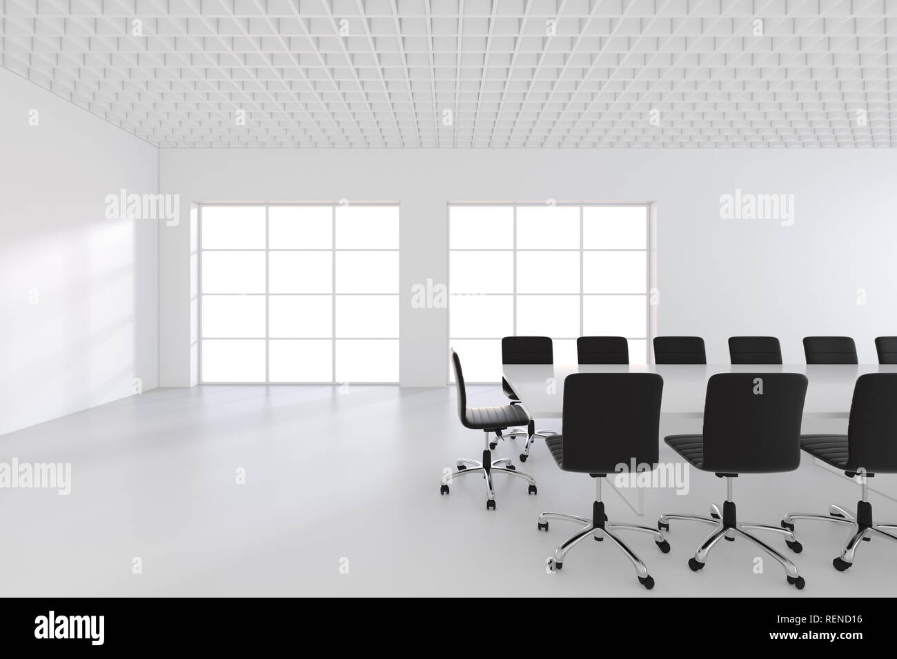 Große geräumige Konferenzraum mit Windows. 3D-Rendering Stockfoto