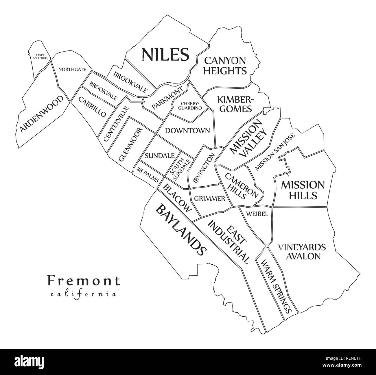 Moderne Stadtplan - Fremont Kalifornien Stadt der USA mit Nachbarschaften und Titel Übersichtskarte Stock Vektor