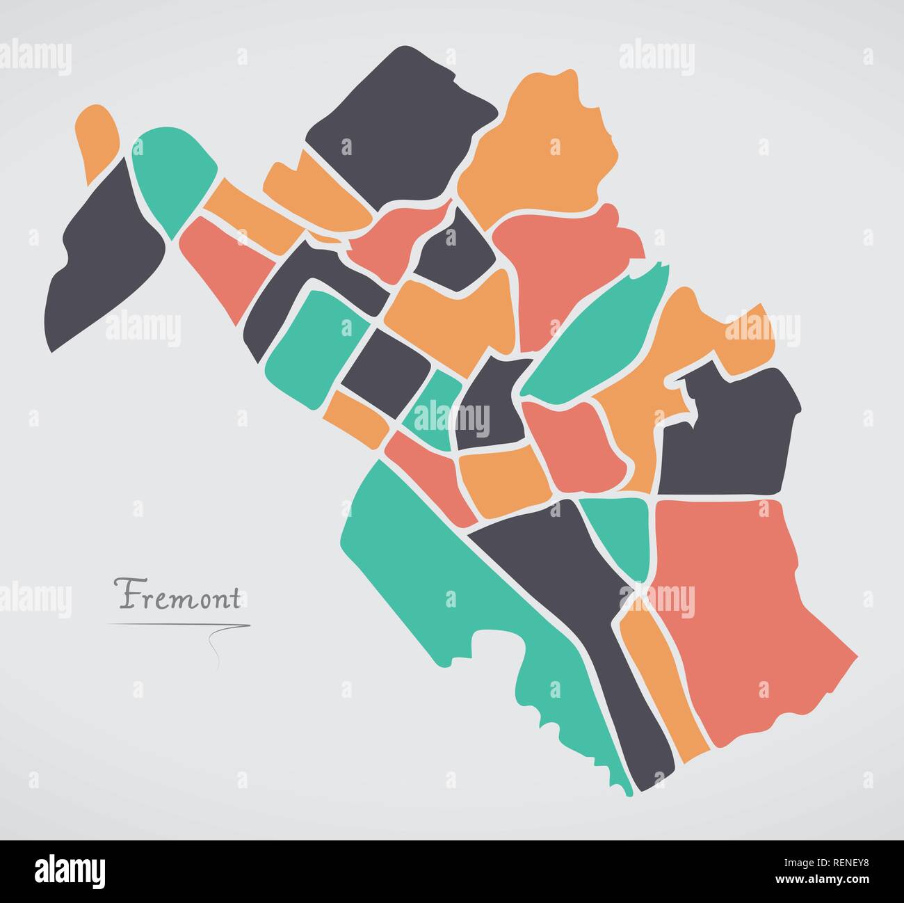 Fremont California Karte mit Nachbarschaften und moderne runde Formen Stock Vektor