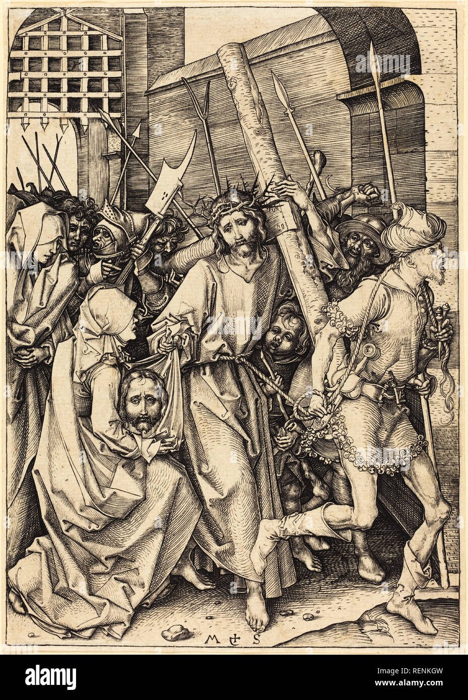 Das Lager des Kreuzes mit Saint Veronica. Vom: C. 1480. Abmessungen: Blatt (an der Platte mark getrimmt): 16,5 x 11,8 cm (6 1/2 x 4 5/8 in.). Medium: Gravur. Museum: Nationalgalerie, Washington DC. Autor: Martin Schongauer. Stockfoto