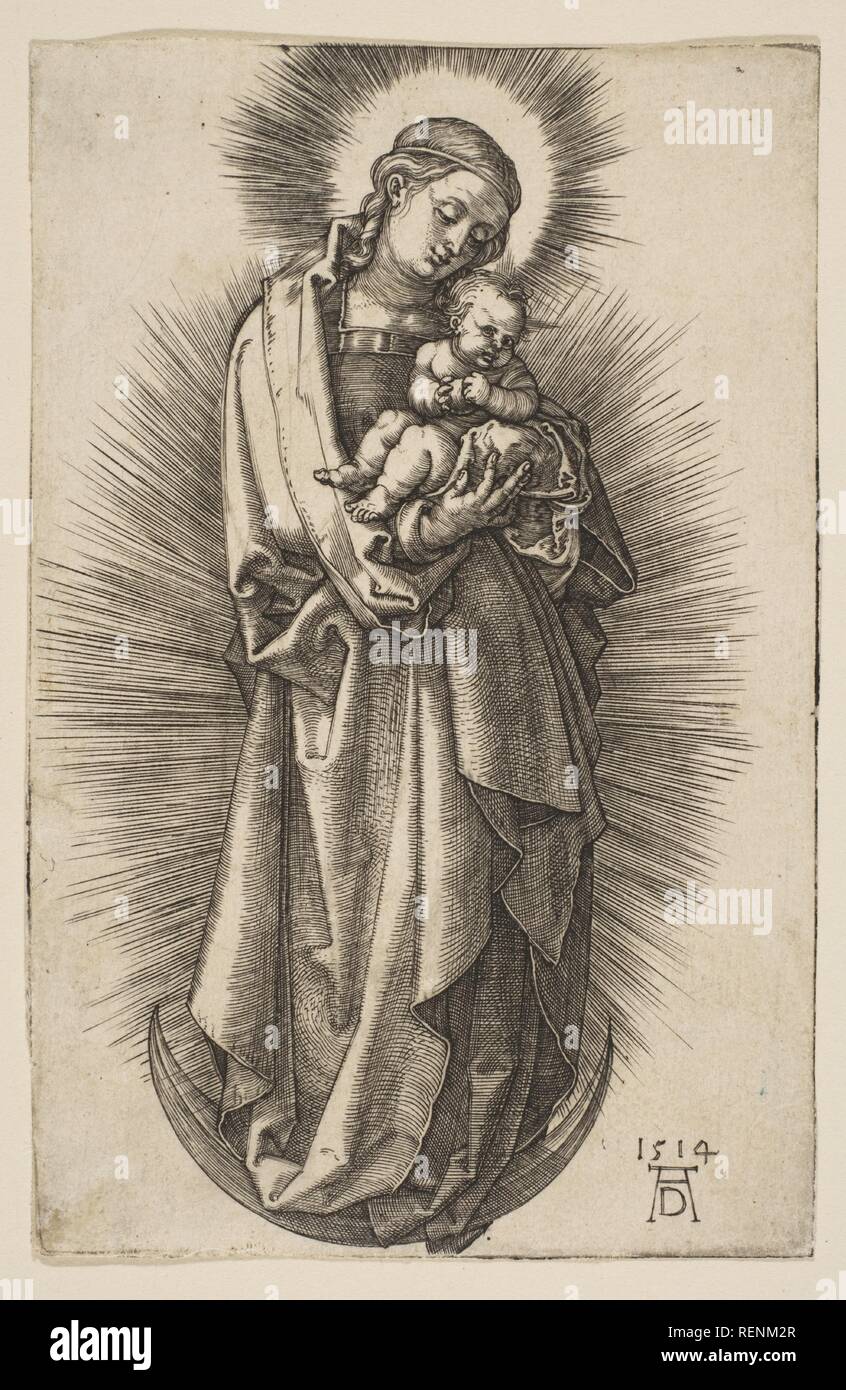 Jungfrau und Kind auf der Mondsichel mit einem Diadem. Künstler: Albrecht Dürer (Deutsch, Nürnberg 1471-1528 Nürnberg). Maße: Blatt: 4 5/8 in. × 3 in. (11,8 × 7,6 cm). Datum: 1514. Museum: Metropolitan Museum of Art, New York, USA. Stockfoto