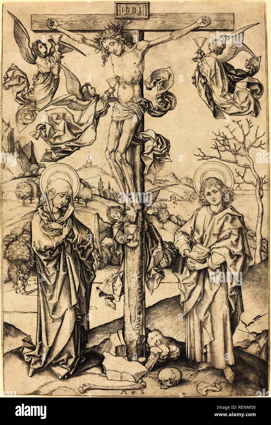 Die Kreuzigung mit vier Engeln. Vom: C. 1475. Medium: Gravur. Museum: Nationalgalerie, Washington DC. Autor: Martin Schongauer. Stockfoto