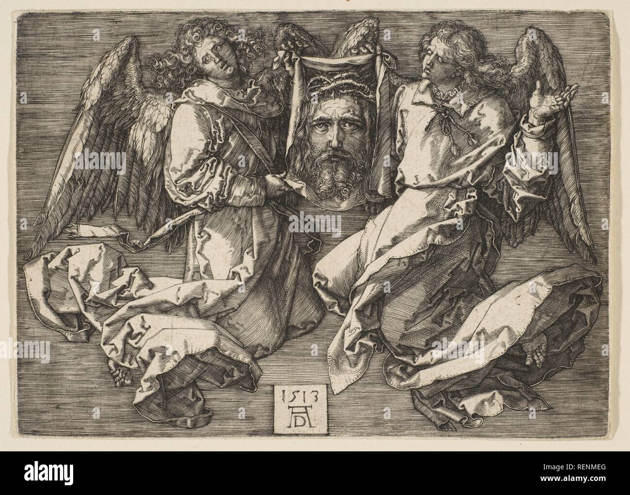 Sudarium von zwei Engeln angezeigt. Künstler: Albrecht Dürer (Deutsch, Nürnberg 1471-1528 Nürnberg). Abmessungen: Platte: 3 7/8 x 5 7/16 in. (9,8 x 13,8 cm) Blatt: 3 15/16 x 5 1/2 in. (10 x 13,9 cm). Datum: 1513. Museum: Metropolitan Museum of Art, New York, USA. Stockfoto