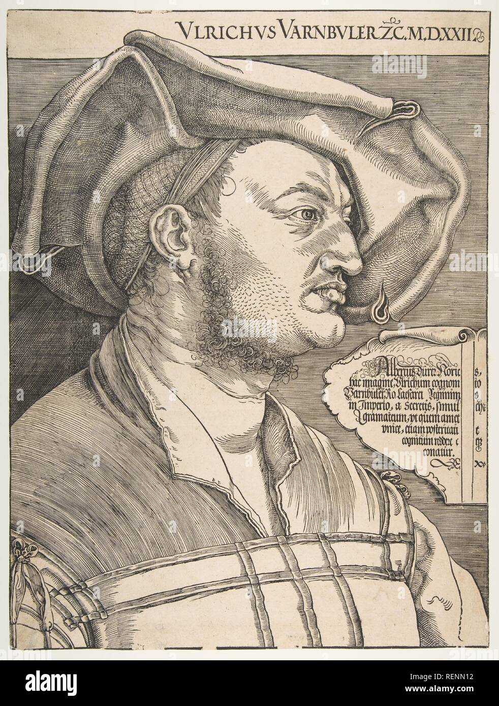 Porträt von Ulrich Varnbuler. Künstler: Albrecht Dürer (Deutsch, Nürnberg 1471-1528 Nürnberg). Maße: Blatt: 17 3/16 x12 13/16-in. (43,7 x 32,5 cm). Datum: n. d.. Museum: Metropolitan Museum of Art, New York, USA. Stockfoto