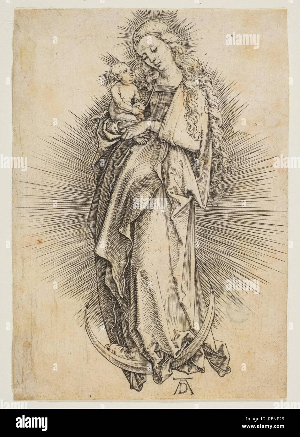 Die Jungfrau Maria auf der Mondsichel. Künstler: Albrecht Dürer (Deutsch, Nürnberg 1471-1528 Nürnberg). Maße: Blatt: 4 3/16 in. × 3 in. (10,7 × 7,6 cm). Datum: Ca. 1499. Museum: Metropolitan Museum of Art, New York, USA. Stockfoto