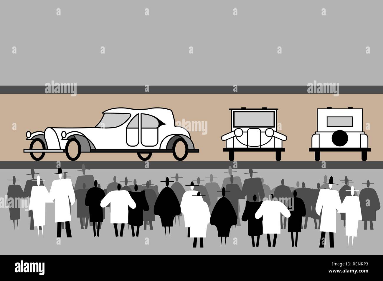 Leute stehen an einem aristokratischen retro Autos Ausstellung. Vintage elegante Auto. Vorn, hinten, von der Seite. Schwarze und weiße menschliche Silhouetten. Die Masse Stock Vektor