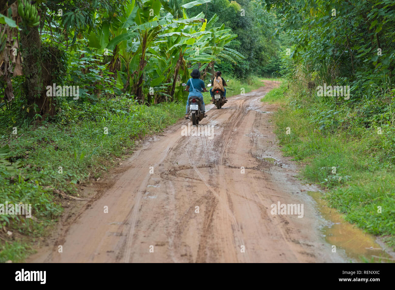 Nam Tok Sai Yok Noi, Thailand - 18. August 2018: Zwei Motorroller mit drei Personen auf Sie verlassen entlang der Piste in die grüne Vegetation. Stockfoto