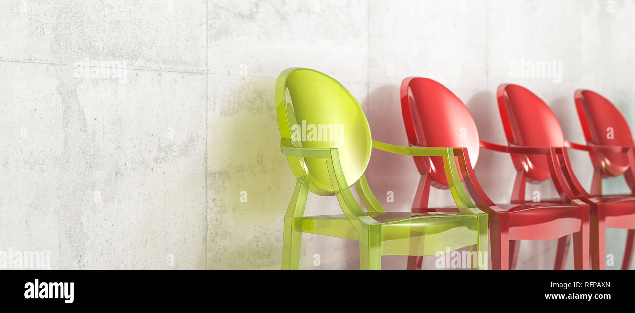 Verschiedene Stuhl aus Kunststoff Konzept der Einzigartigkeit 3D Rendering image Stockfoto