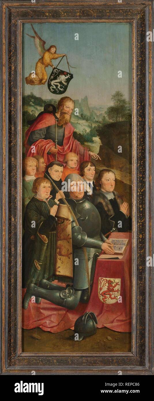 Memorial Panel mit acht männlichen Porträts, wahrscheinlich Willem van Jelysz Soutelande und Familie, mit dem Hl. Jakobus der Ältere und der Van Soutelande Familienwappen, inneren linken Flügel ein Altarbild. Dating: C. 1515 - C. 1520. Maße: Support: h 101 cm x W 35,5 cm. Museum: Rijksmuseum, Amsterdam. Autor: MASTER von Alkmaar. Stockfoto