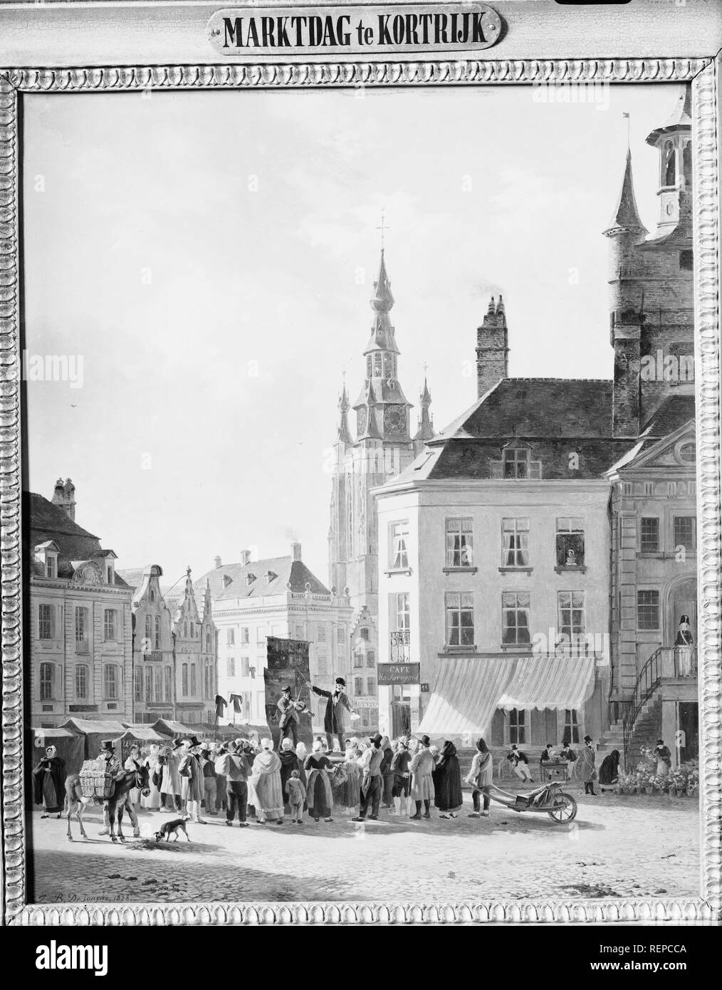 Markttag in Kortrijk. Dating: 1828. Maße: H 40 cm x W 32,5 cm. Museum: Rijksmuseum, Amsterdam. Autor: Jan Baptiste De Jonghe. Stockfoto