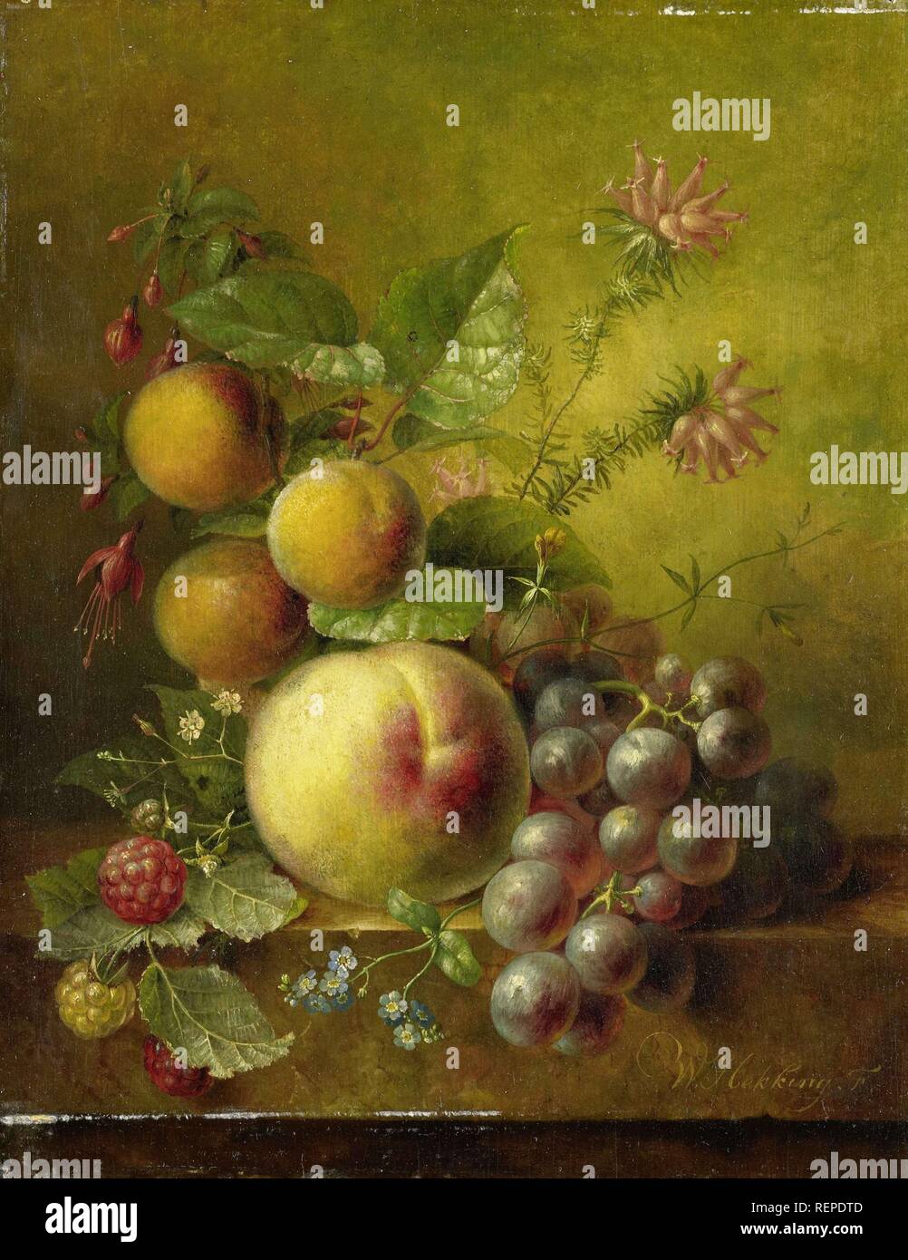 Stillleben mit Obst. Datierung: 1830 - 1862. Maße: H 30,2 cm x B 24 cm x T 1,3 cm, d 10 cm.. Museum: Rijksmuseum, Amsterdam. Autor: Willem Hekking (I). Stockfoto