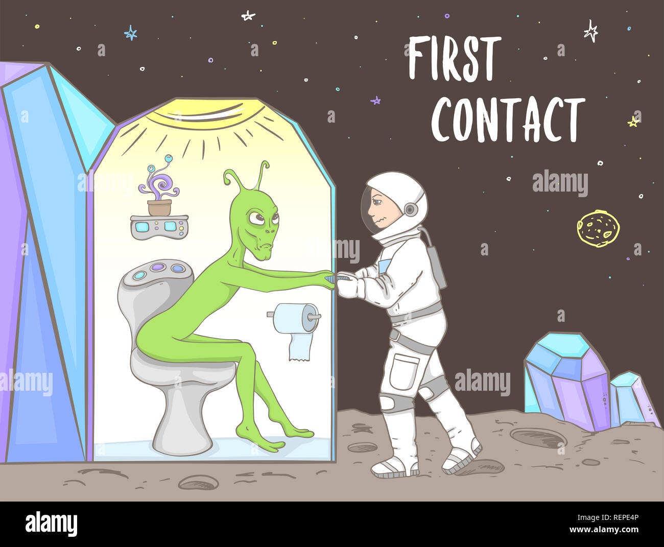 Grüne Alien auf der Toilette sitzt und Astronaut brechen die Tür auf einem unbekannten Planeten. Stockfoto