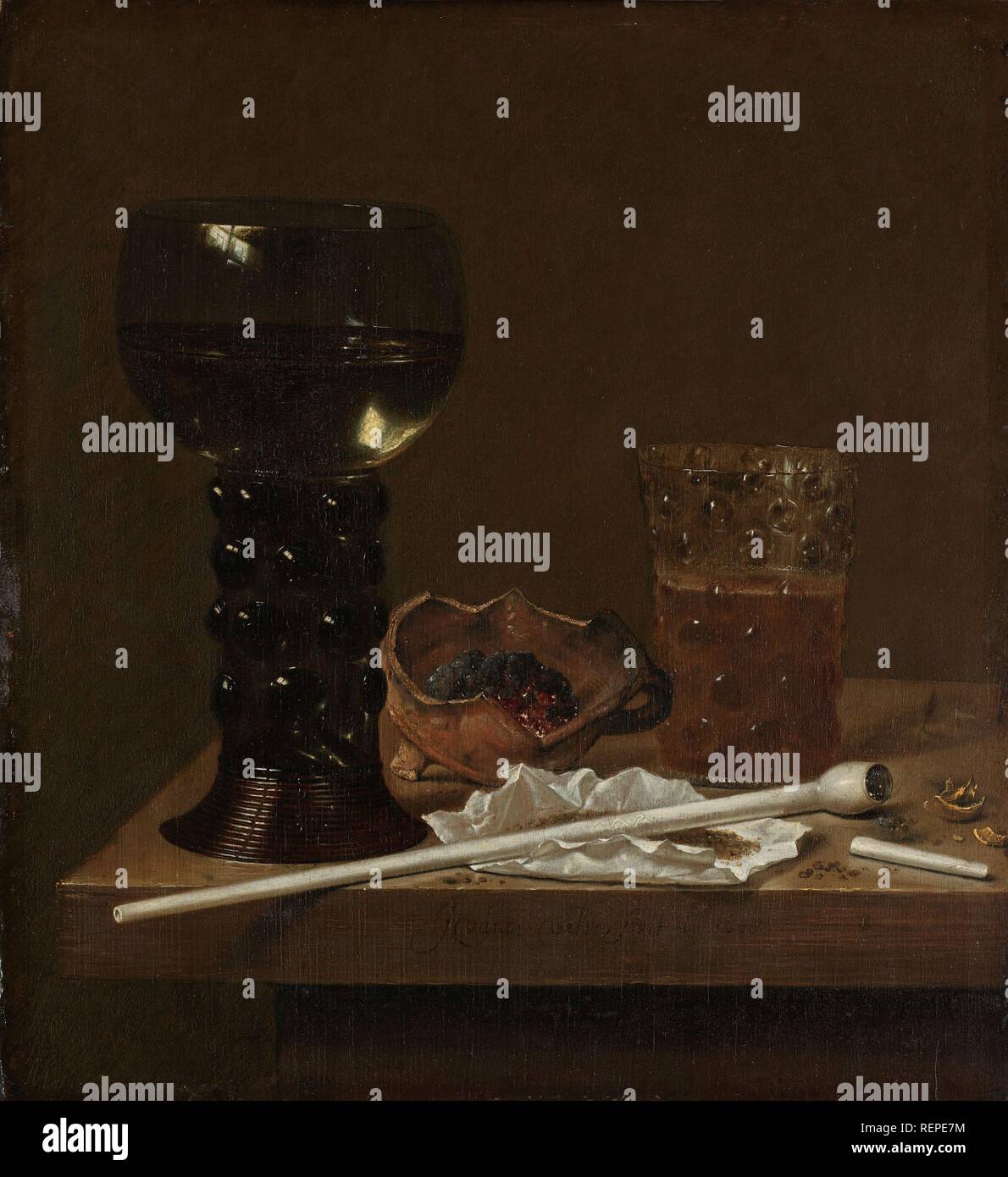 Stillleben mit Roemer, Bier Glas und ein Rohr. Dating: 1658. Maße: H 36 cm x W 32,5 cm, d 5,5 cm. Museum: Rijksmuseum, Amsterdam. Autor: Jan Jansz. van de Velde (III). Stockfoto