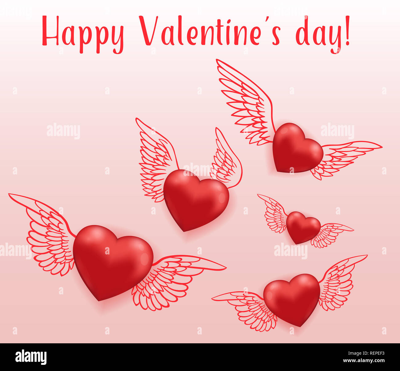 Rotes Herz mit Flügeln fliegen in der Luft. Grußkarte für Valentinstag. Hand gezeichnet Abbildung. Stockfoto