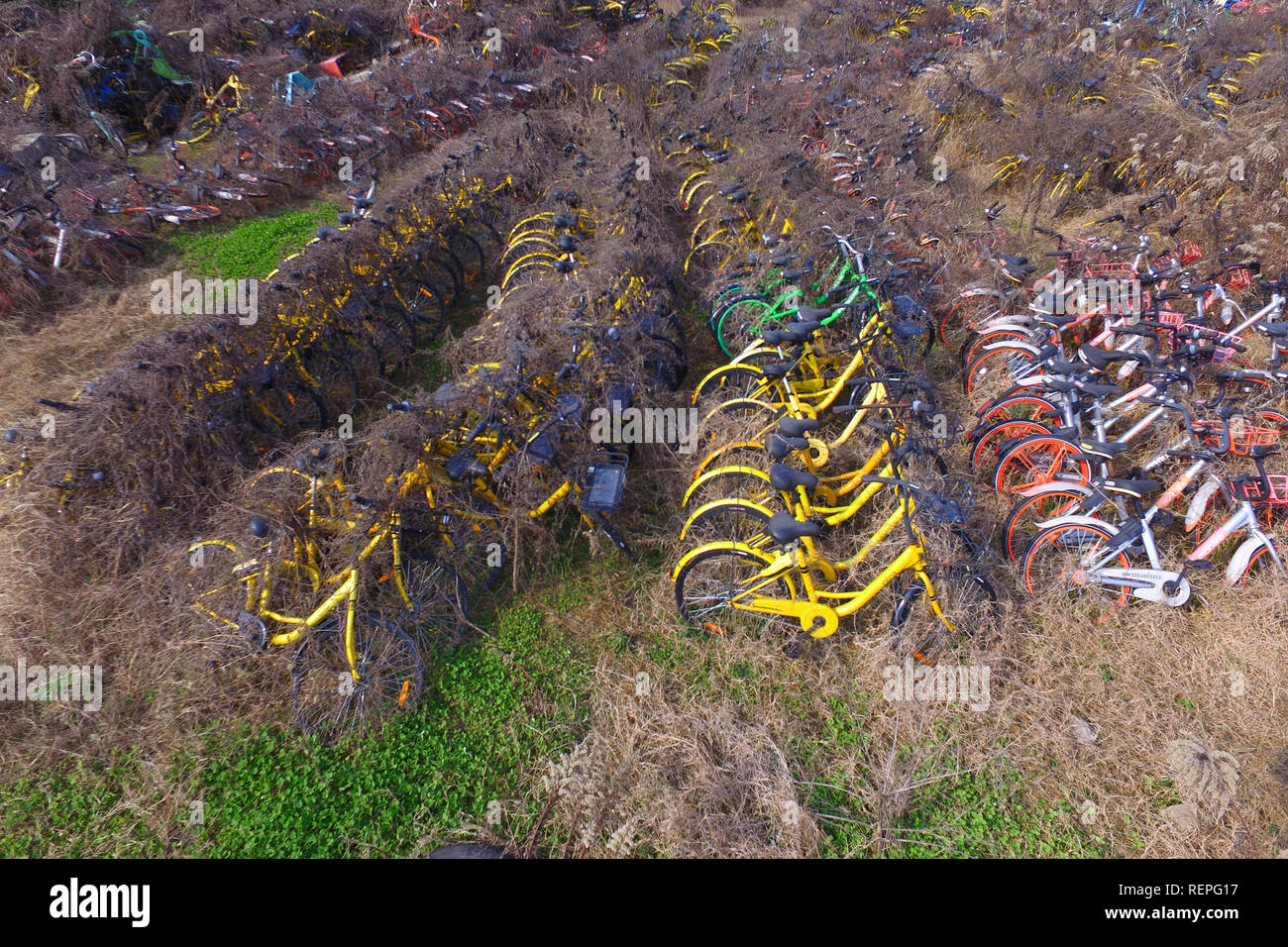 Zahlreiche verlassene Gemeinschafts-Bikes auf einem Parkplatz in Nanjing gesehen werden kann, der ostchinesischen Provinz Jiangsu. (Foto: Sipa Press) Asien/Pazifik Stockfoto