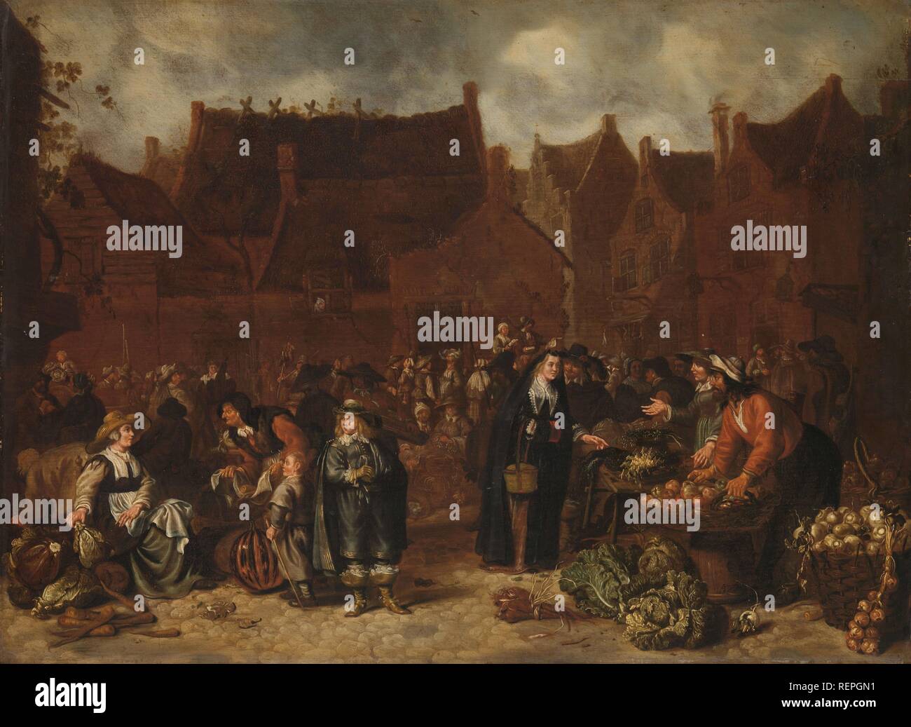 Gemüsemarkt. Dating: 1646. Maße: H 47 cm x W 63 cm. Museum: Rijksmuseum, Amsterdam. Autor: sybrand Van Beest". Stockfoto