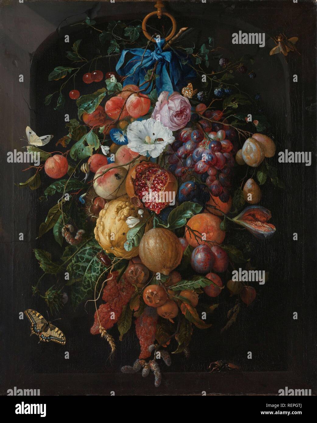 Festoon von Obst und Blumen. Festoon von Früchten und Blumen. Datierung: 1660 - 1670. Maße: H 74 cm x W 60 cm. Museum: Rijksmuseum, Amsterdam. Autor: Jan Davidsz. de Heem. Stockfoto