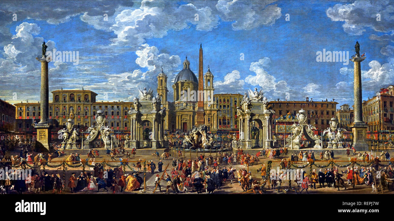 Die Vorbereitungen in der Piazza Navona die Geburt des Dauphin von Frankreich 1729 von Giovanni Paolo Panini feiern. (Piacenza 1691 - Rom 1765), Italien, Italienisch, Stockfoto