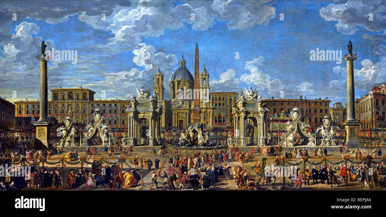 Die Vorbereitungen in der Piazza Navona die Geburt des Dauphin von Frankreich 1729 von Giovanni Paolo Panini feiern. (Piacenza 1691 - Rom 1765), Italien, Italienisch, Stockfoto