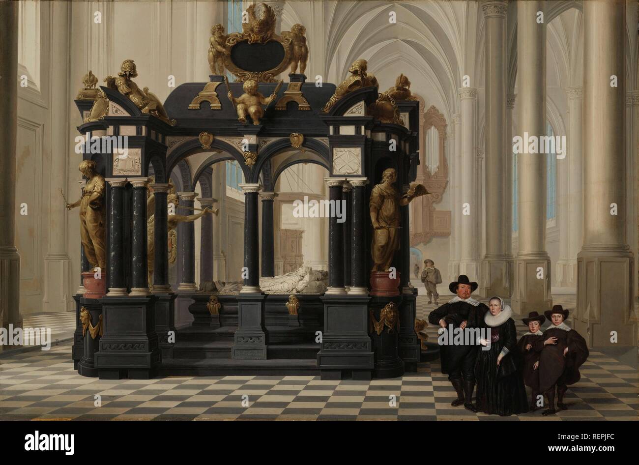 Eine Familie neben dem Grab von Prinz William, die ich in der Nieuwe Kerk, Delft. Eine Familie neben dem Grab von Willem I (William die Stille) in der Nieuwe Kerk, Delft. Dating: 1645. Maße: H 74 cm x w 110cm. Museum: Rijksmuseum, Amsterdam. Autor: Dirck van Delen. Stockfoto