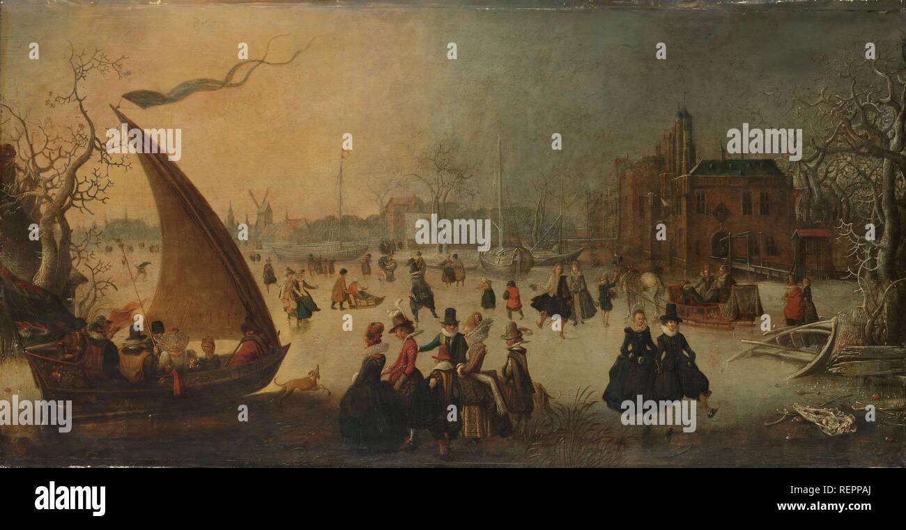 Landschaft mit gefrorenen Kanal, Skater und eine Ice-Boat. Dating: 1611. Maße: Support: h 47,5 cm x W 91 cm; d 6,5 cm. Museum: Rijksmuseum, Amsterdam. Autor: Adam van Breen. Hooch, Pieter (I) (Kopieren nach). Stockfoto