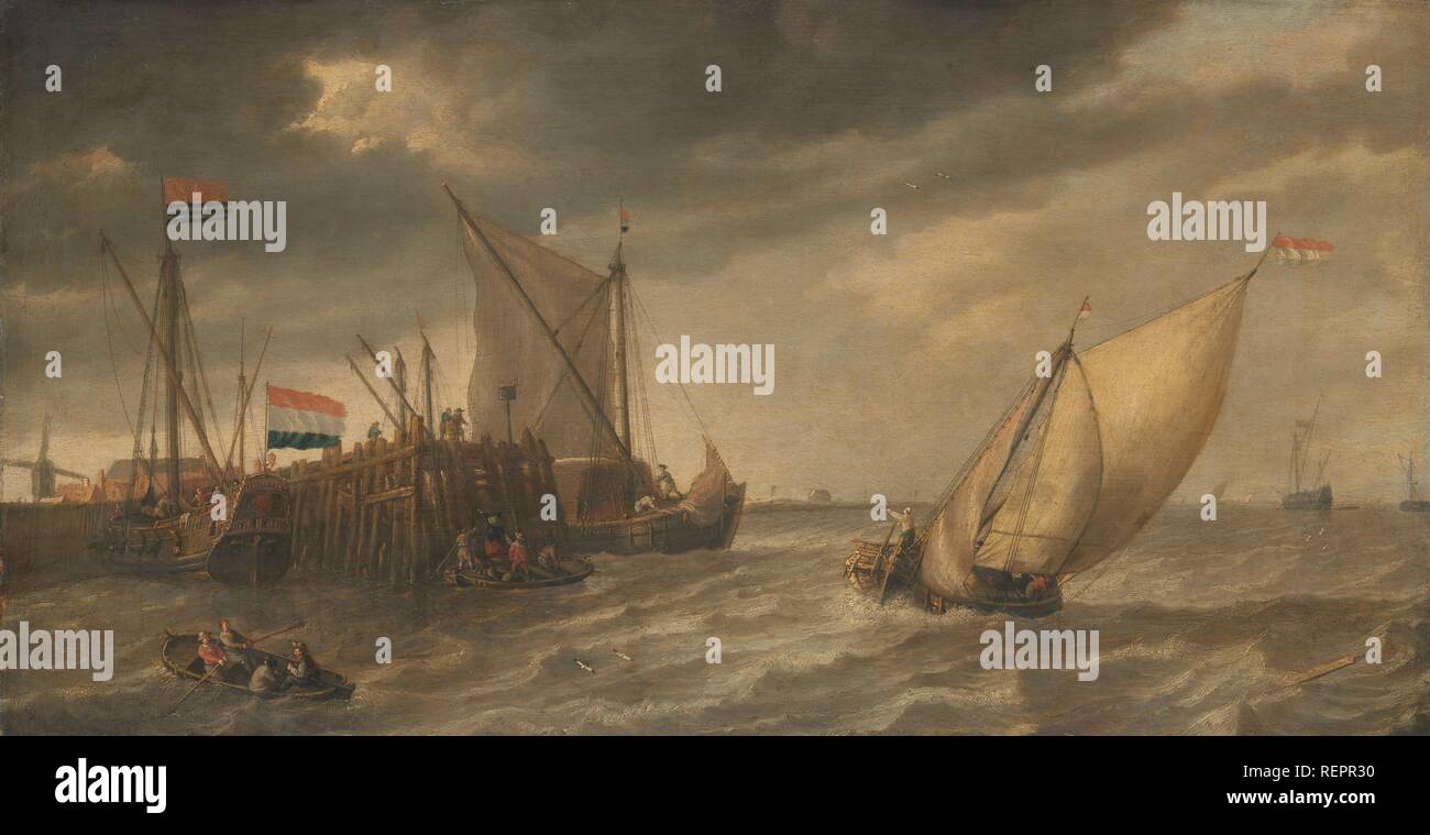 Schiffe in der Nähe der Pier. Datierung: 1635 - 1652. Maße: H 36,5 cm x W 69 cm; d 6,8 cm. Museum: Rijksmuseum, Amsterdam. Autor: Bonaventura Peeters (I). Stockfoto