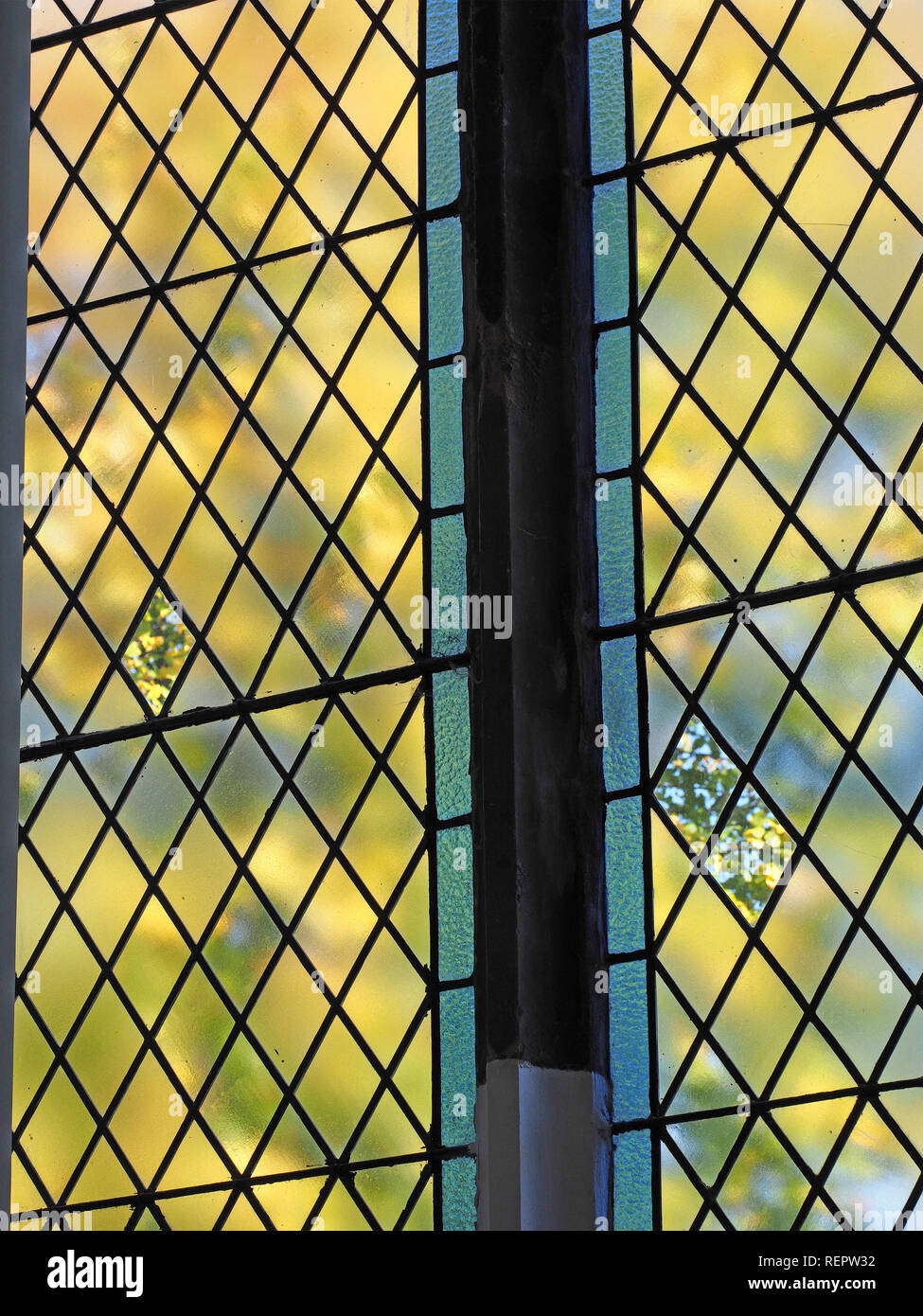 Isolierte ebene Glasscheiben unter Milchglas verbleiten Fenstern in aufrechte Fenster mit Fensterkreuz schaffen Klarheit zu gelb grün Laub in Cumbria, England, Großbritannien Stockfoto