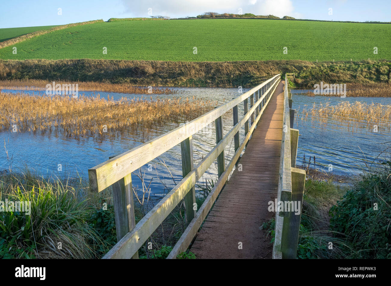 Gehweg über den Gezeiteneinlauf von Reedbeds in Mill Valley, Thurlestone, South Hams, Devon, Großbritannien Stockfoto