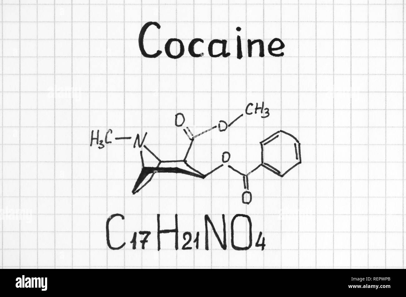 Chemische Formel des Kokains. Close-up. Stockfoto