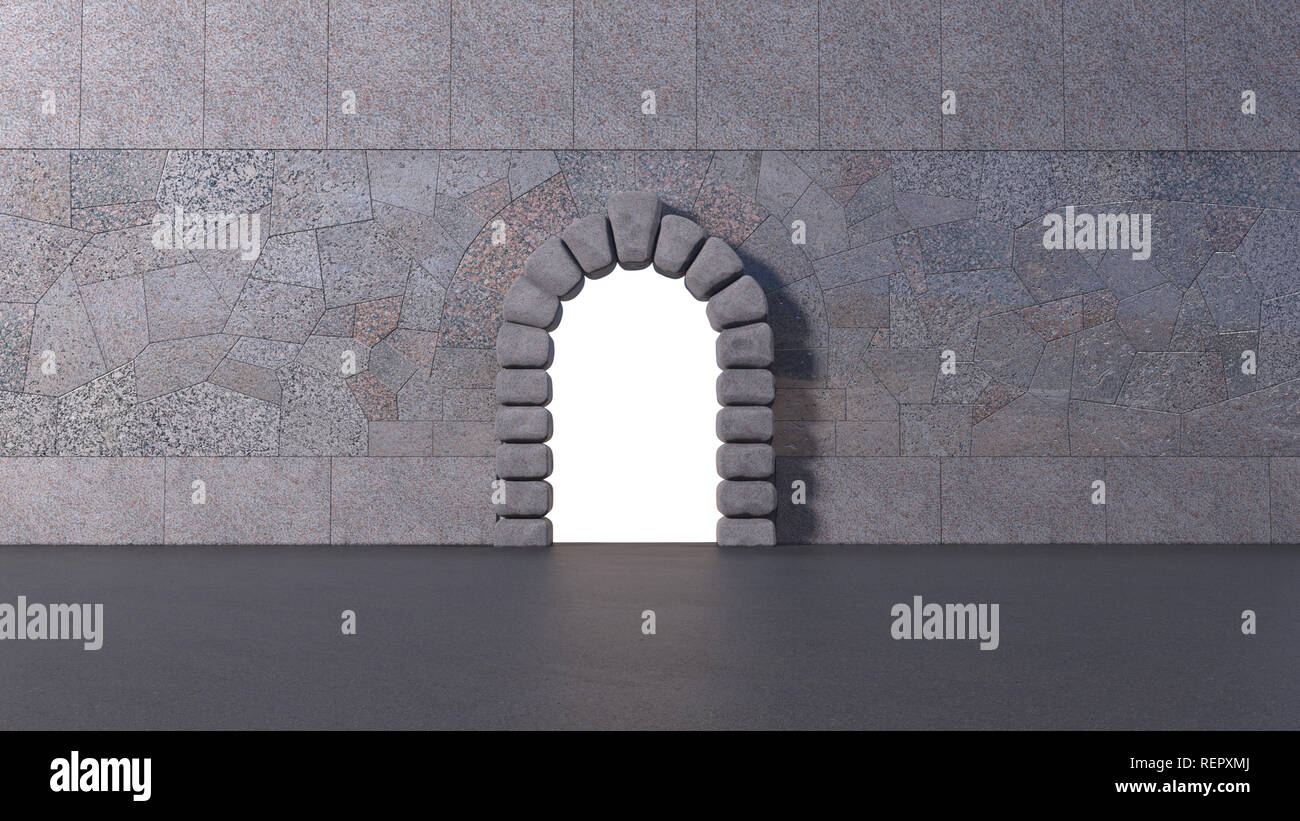 Vorderansicht des Fliesen Granit Wand mit Zyklopische Stone Gate und Asphalt. Weiß isoliert Öffnung in horizontalen 3D-Render. Stockfoto