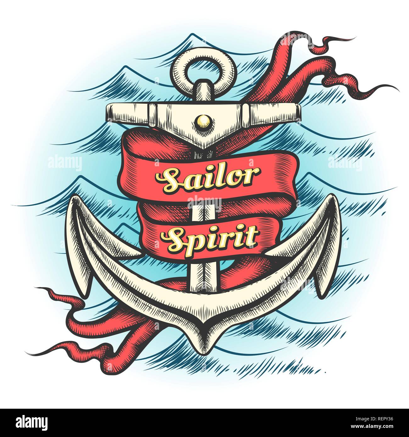 Alte vintage Anker und Band mit Wortlaut Sailor Geist auf Wellen Muster Tattoo Stil gezeichnet. Vector Illustration. Stock Vektor