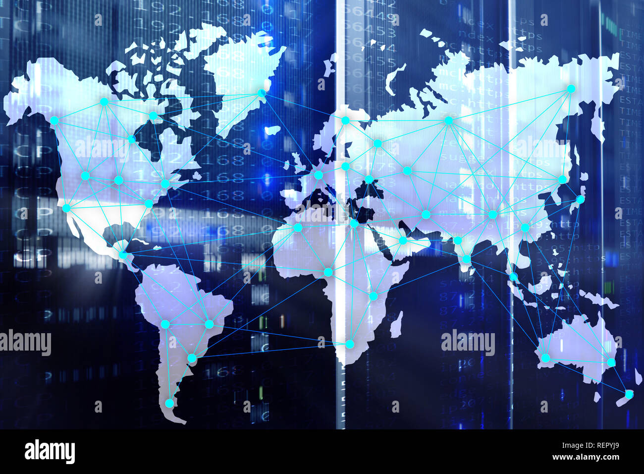 Internet und Telekommunikation Konzept mit Weltkarte auf server Raumhintergrund Stockfoto