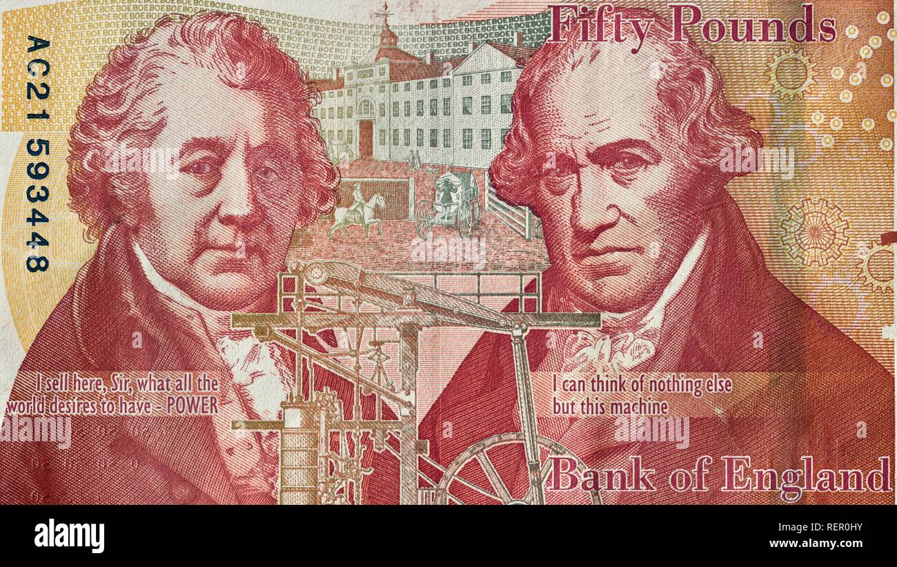 Bank von England £ 50 Hinweis mit Matthew Boulton und James Watt Stockfoto