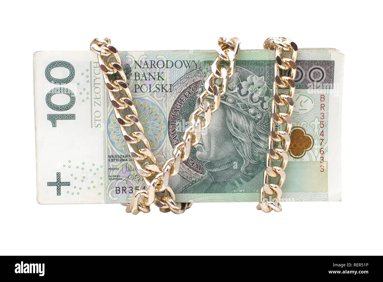 Polnische Banknoten, Geld. Polnische Banknote auf weißem Hintergrund, 100 Zloty. Stockfoto