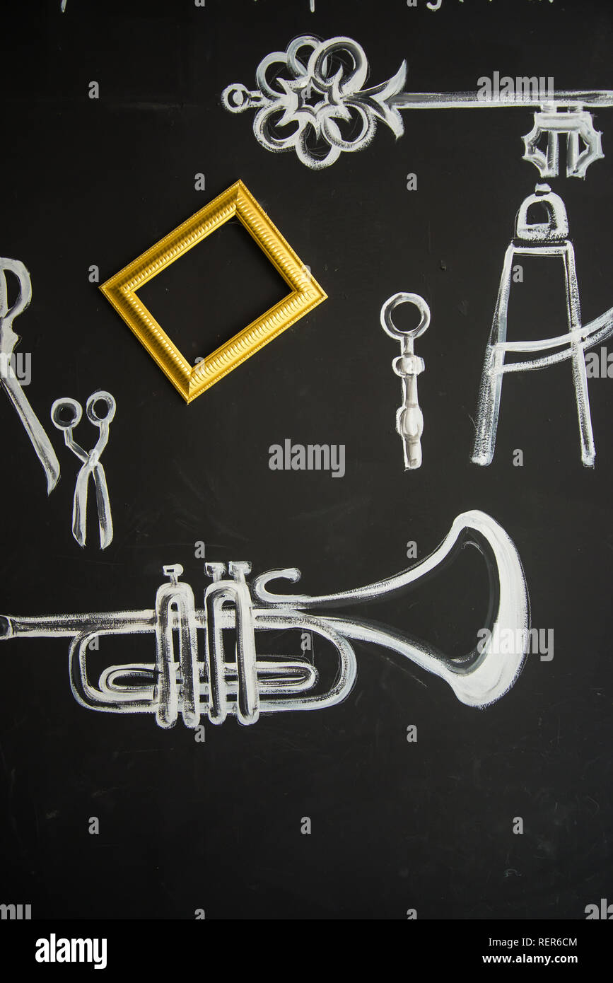 Gemalde Musikinstrumente Auf Einem Schwarzen Hintergrund Stockfotografie Alamy