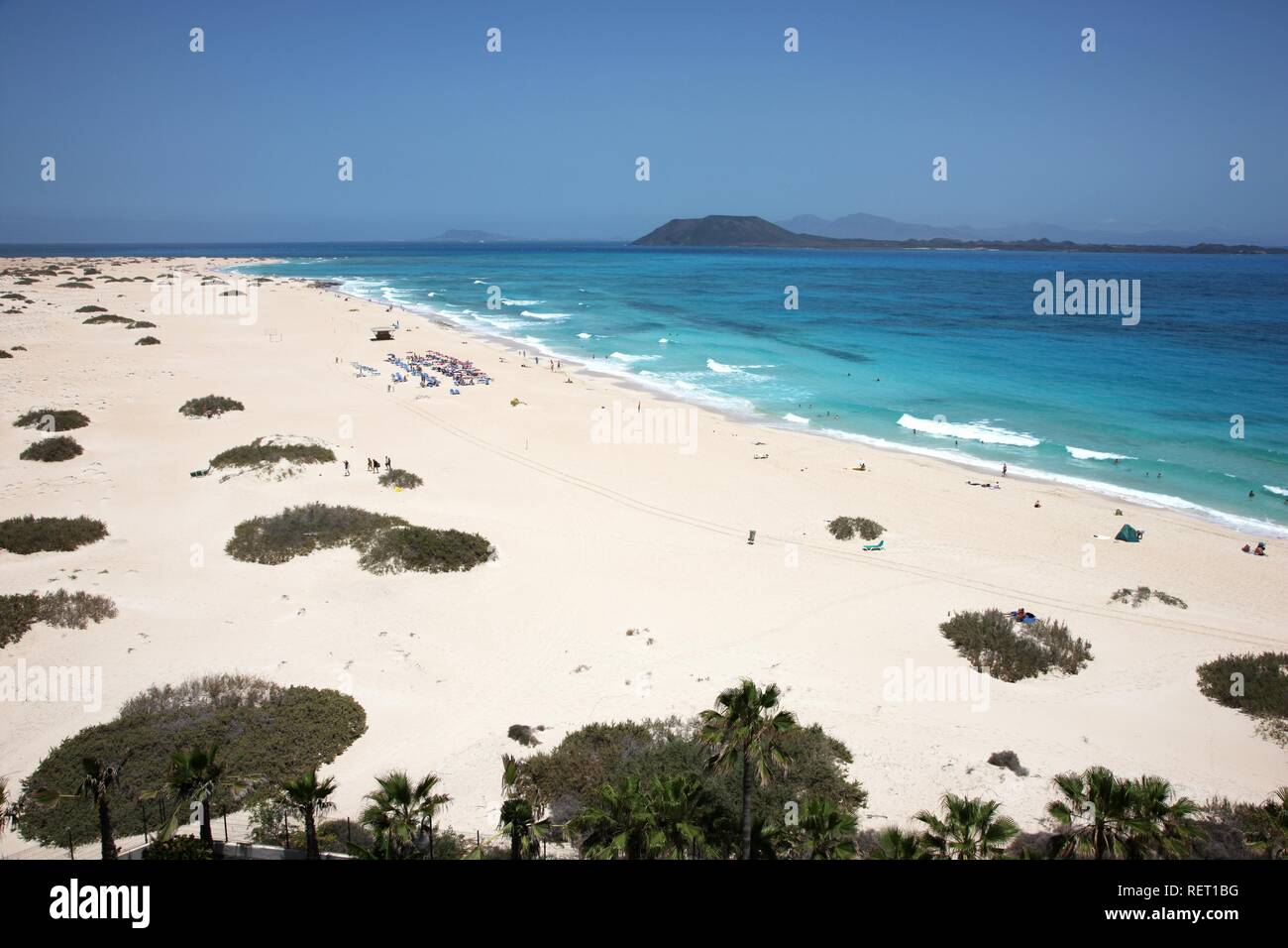 Strand mit Sand Dünen, Grandes Playas, in der Nähe von Corralejo im Norden der Insel Fuerteventura, Kanarische Inseln, Spanien, Europa Stockfoto