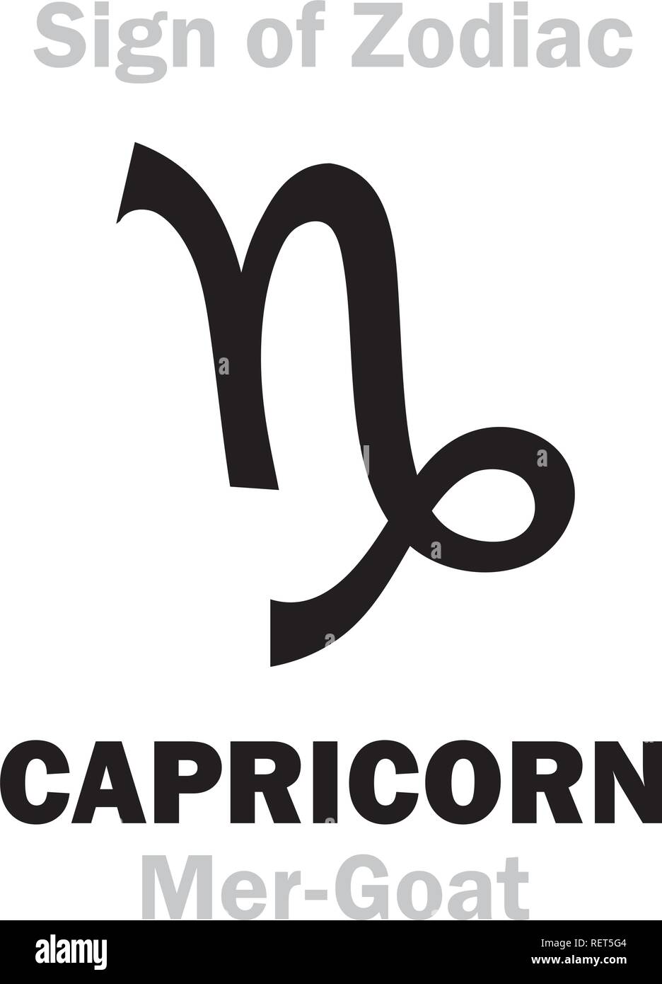 Astrologie-Alphabet: Zeichen der Tierkreiszeichen Steinbock (die Mer-Ziege). Hieroglyphen Charakter Zeichen (einzelnes Symbol). Stock Vektor