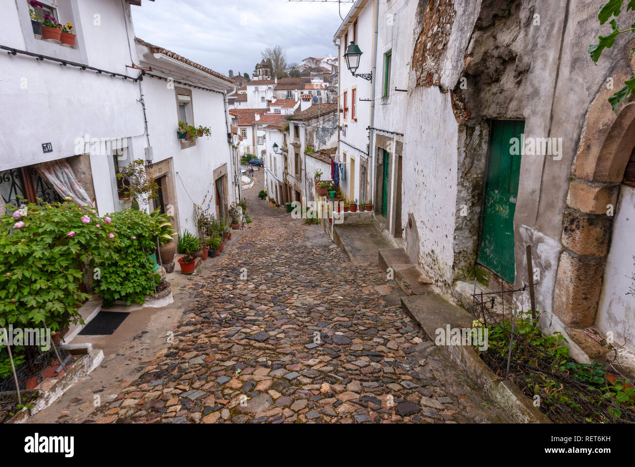 Enge gepflasterte Straße in Castelo de Vide, Alentejo, Portugal Stockfoto