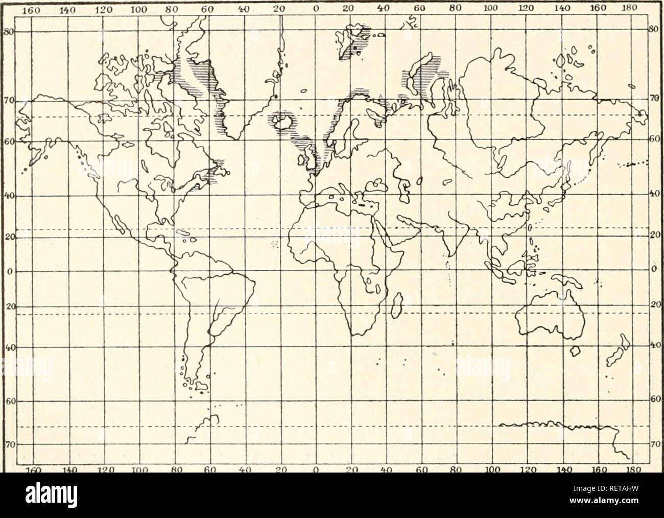 . Dr. H.G. Bronn von Klassen und Ordnungen des Thier-Reichs: wissenschaftlich dargestellt in Wort und Bild. Zoologie. 1528 Ascidien. Subfam. Pelonaünae. Gen. Pelonaia. (Karte 8.) Arktische, jedoch nicht circumpolare Gattung (Arktisch-amerik. Archipel bis Karisches Meer), die an der Ost Küste von N. - Amerika und den N. W. - Europ. Küsten (südHch bis zur Bretagne) in den subarktischen Atlantic vordringt. Subfam. Tethyinae. Von den 5 Litoralgattungeii ist die große Gattung Tethyum ein ausgesprochener Kosmopolit, sterben noch artenreichere Gattung Tandocia ist ebenfalls sehr weit, aber nicht lückenlos kosm Stockfoto