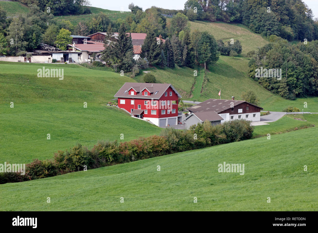 Schweiz Kanton Zug Menzingen Schweizer Bauernhof Haus und Scheune in grünen  Weide Stockfotografie - Alamy