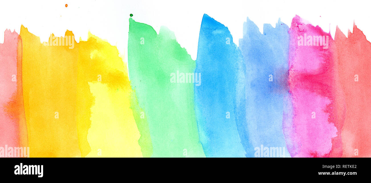 Bunte Farbtupfer in abstrakter Form, Regenbogen malen Hintergrund, Banner und Header Stockfoto