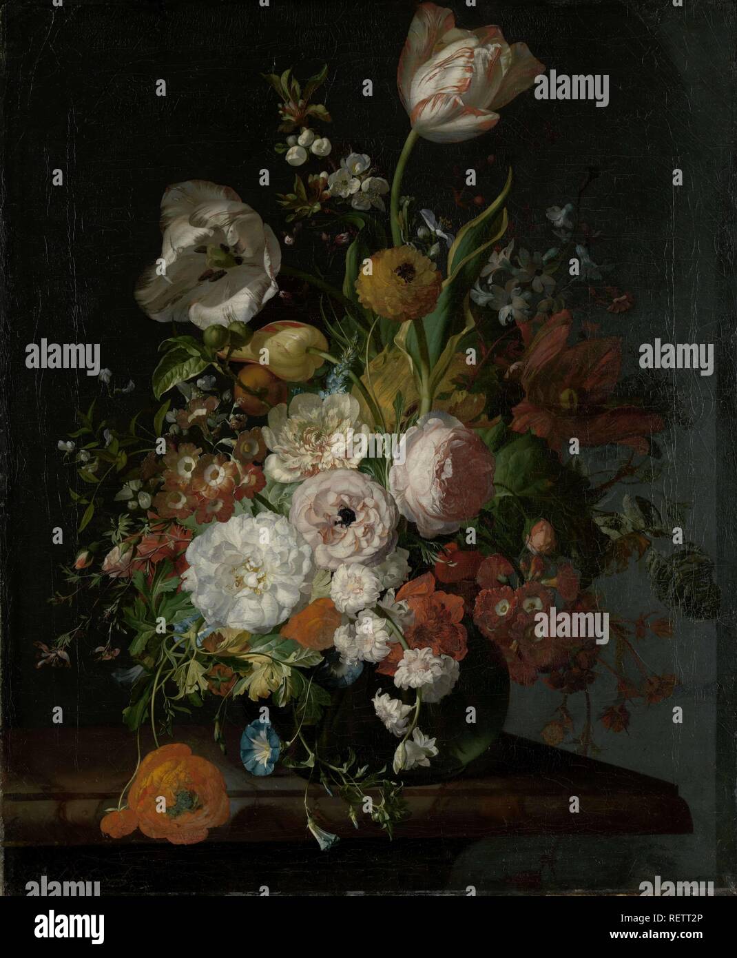 Stillleben mit Blumen in einer Glasvase. Dating: C. 1690 - C. 1720. Maße: H 65 cm x W 53,5 cm. Museum: Rijksmuseum, Amsterdam. Autor: Rachel Ruysch. Stockfoto